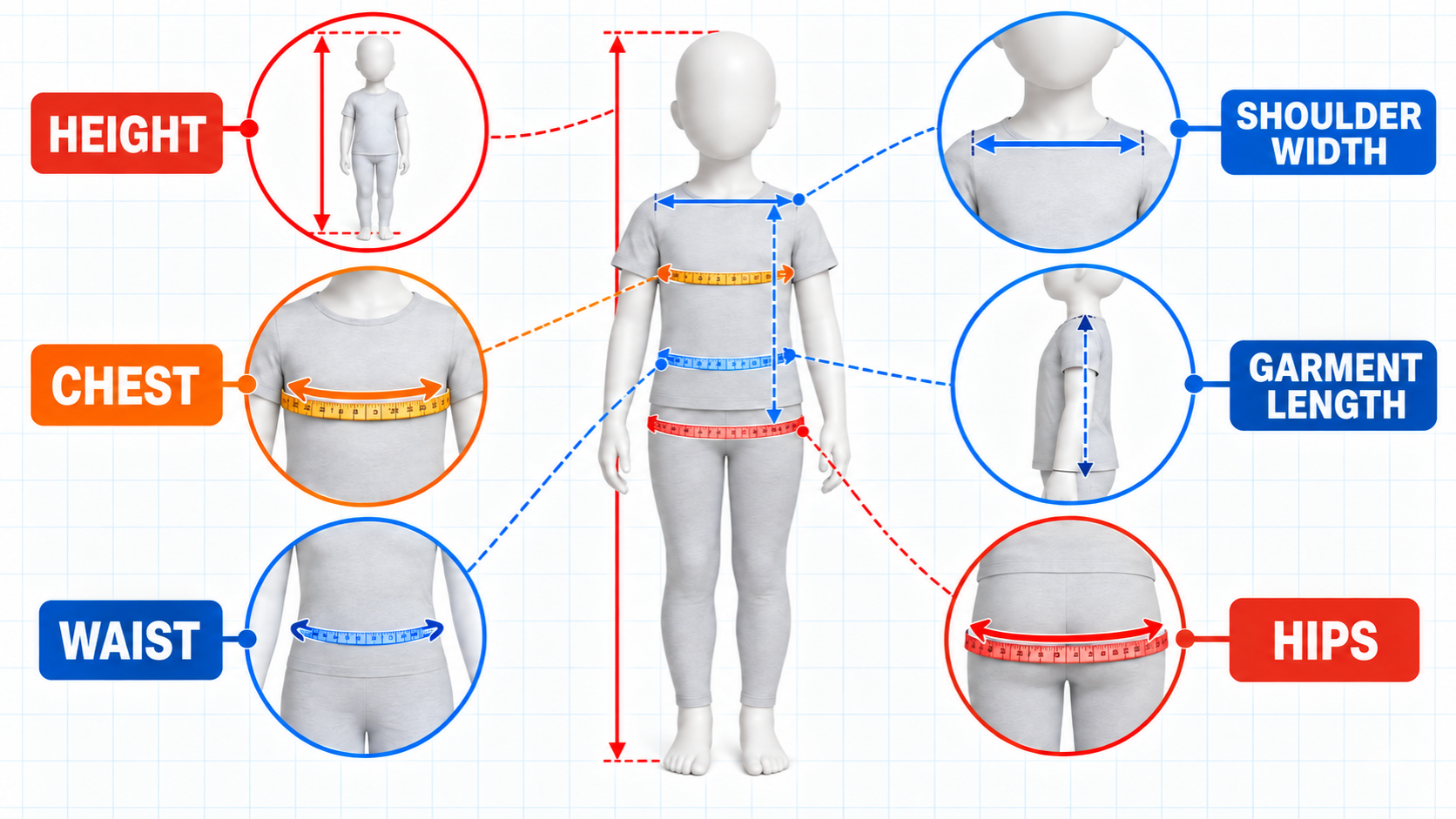 Halloween costume sizing diagram for a child showing height, chest, waist, hips, shoulder width and garment length