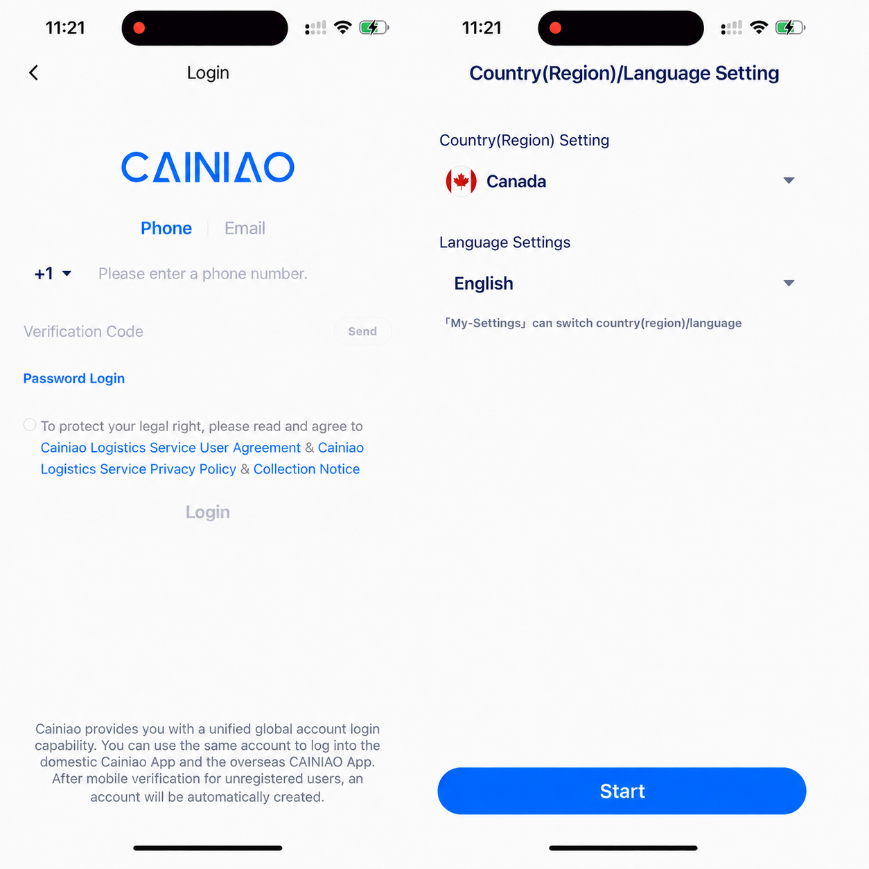 菜鸟登录与国家地区设置操作示意,显示 Canada、加拿大国旗和加 1 区号