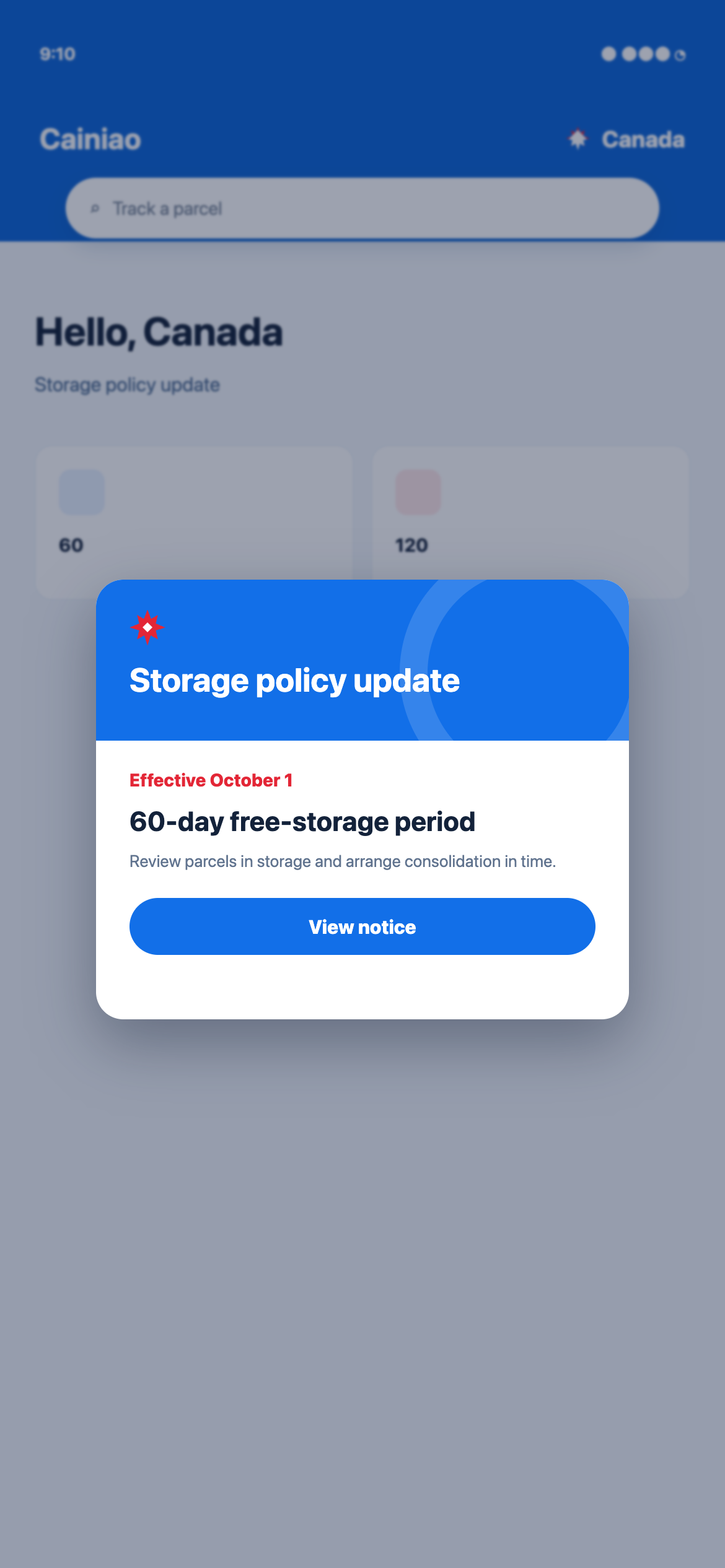 Illustrated Cainiao Canada storage notice showing a 60-day free-storage period effective October 1