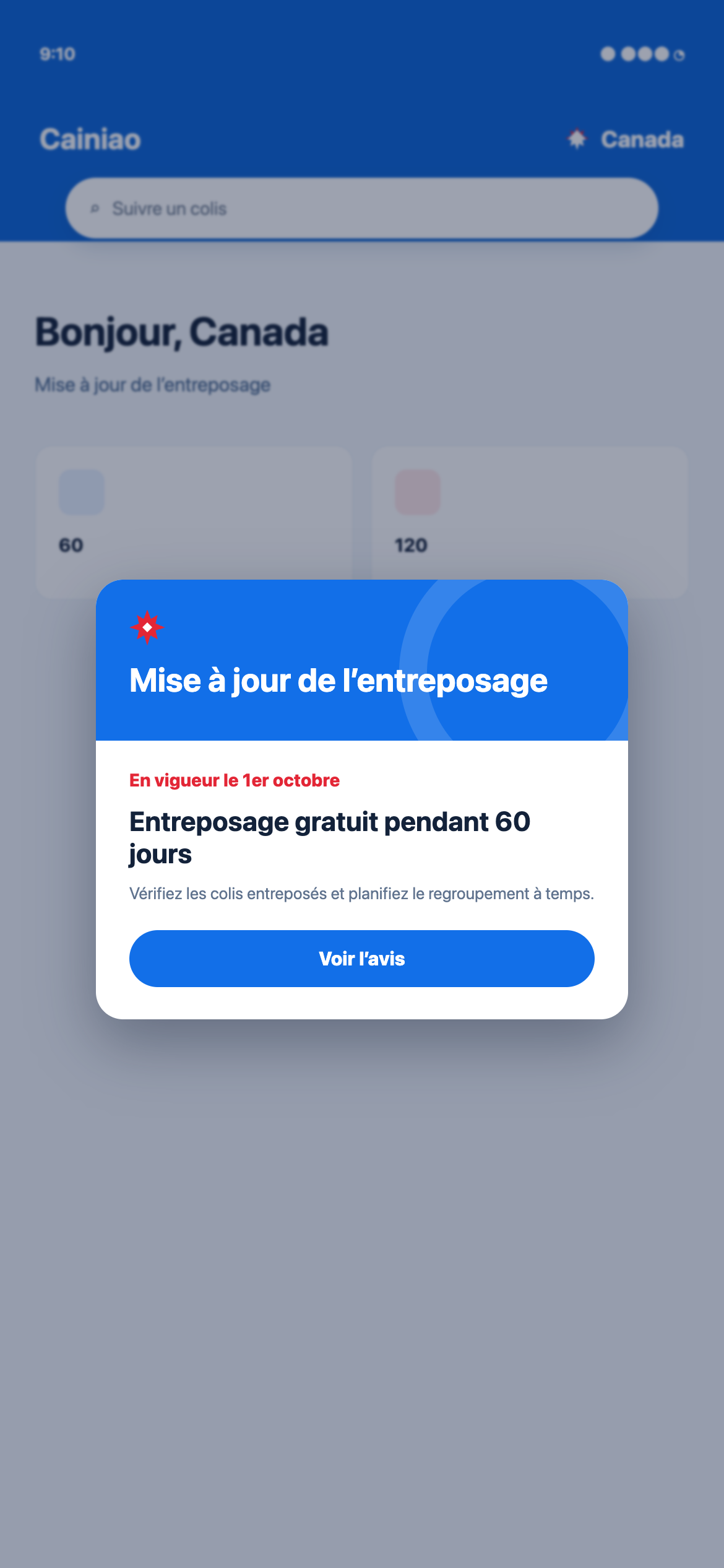 Avis illustré Cainiao Canada indiquant 60 jours d’entreposage gratuit dès le 1er octobre