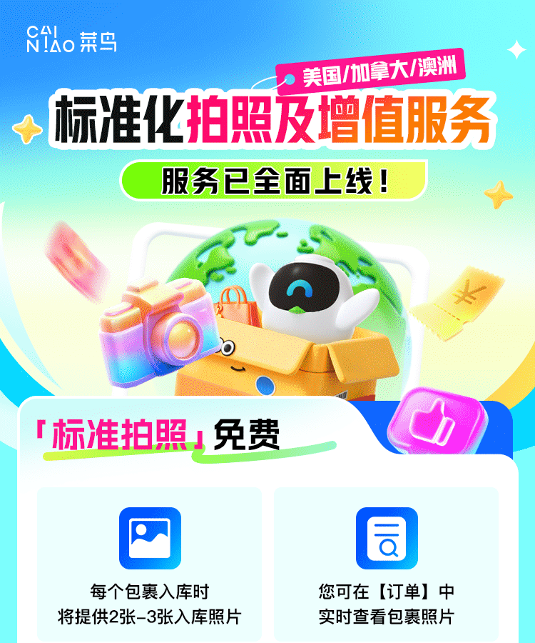 菜鸟集运美国、加拿大和澳洲标准化拍照及增值服务说明图